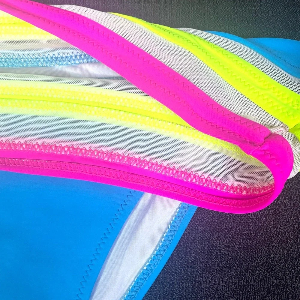 POPVIL Swim Bikini Bottom High Leg Waist Neon Turquoise Pink Yellow Med NEW NWT